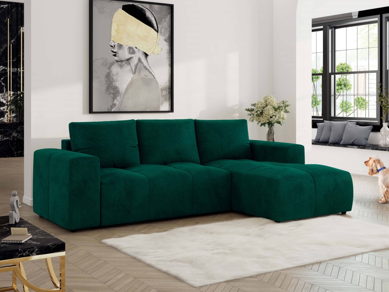 Ecksofa mit Schlaffunktion und Bettkasten, L-form Couch, lose Kissen, Polstersofa - MONIVA - Dunkelgrün Velours - rechte Seite Bild 1