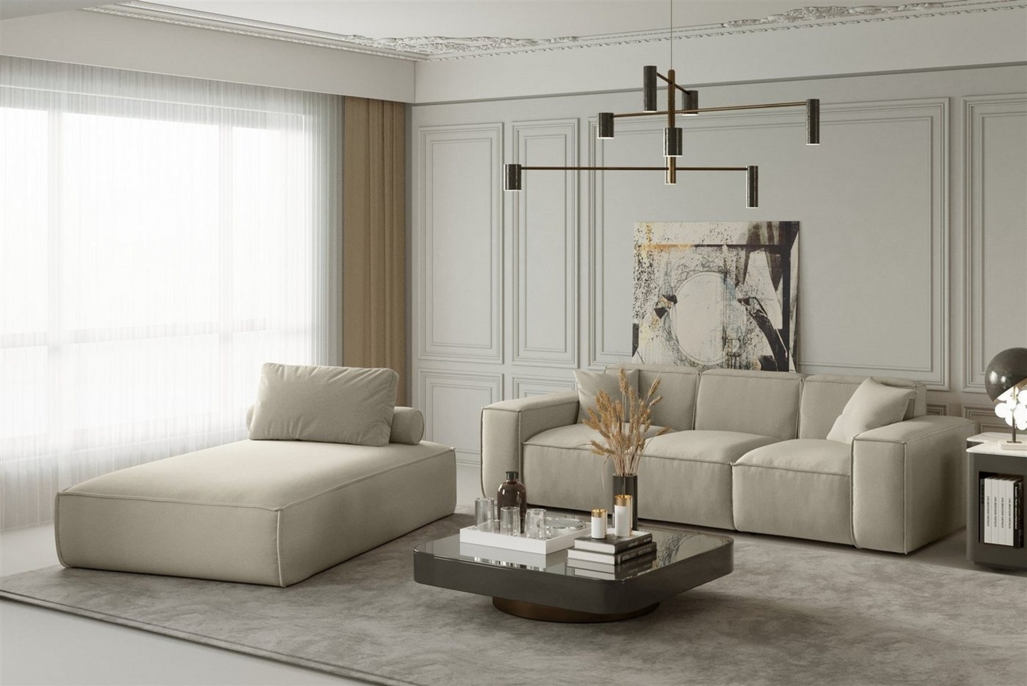 Sofa Set 2-teilig Sezlong und Sofa 3-Sitzer CELES in Stoff Opera Velvet Beige Bild 1