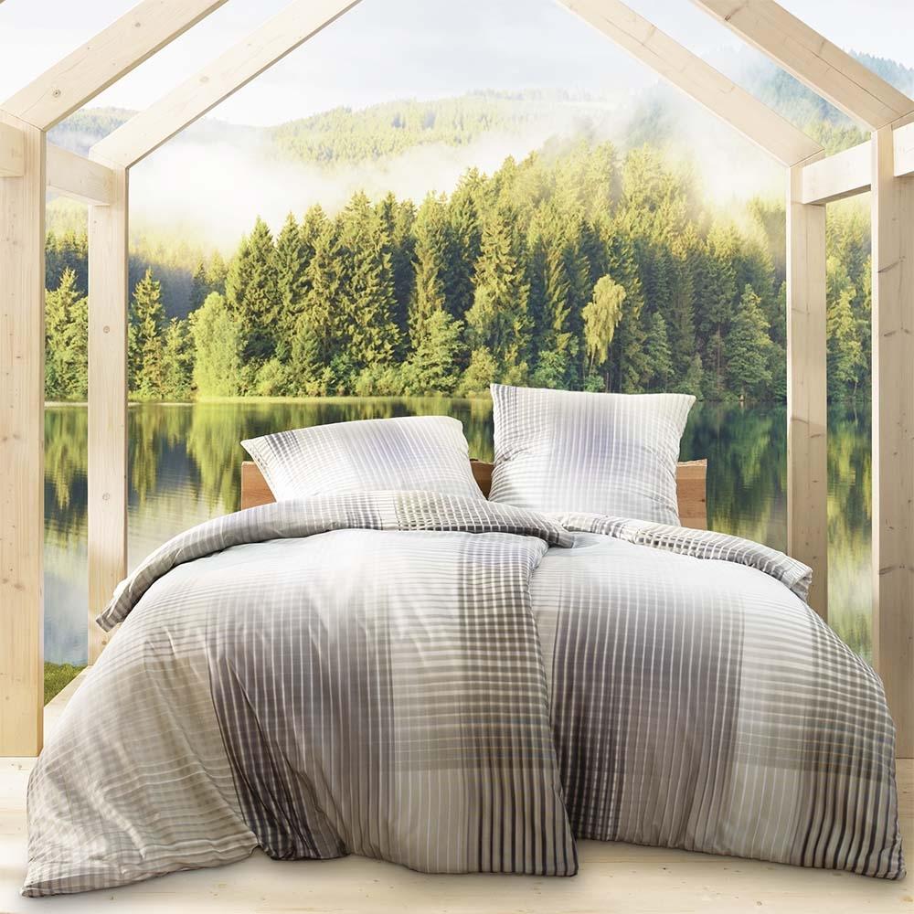 Estella Bio Mako Satin Bettwäsche 135x200 Bertha grün natur Blätter 3416-530 Bild 1