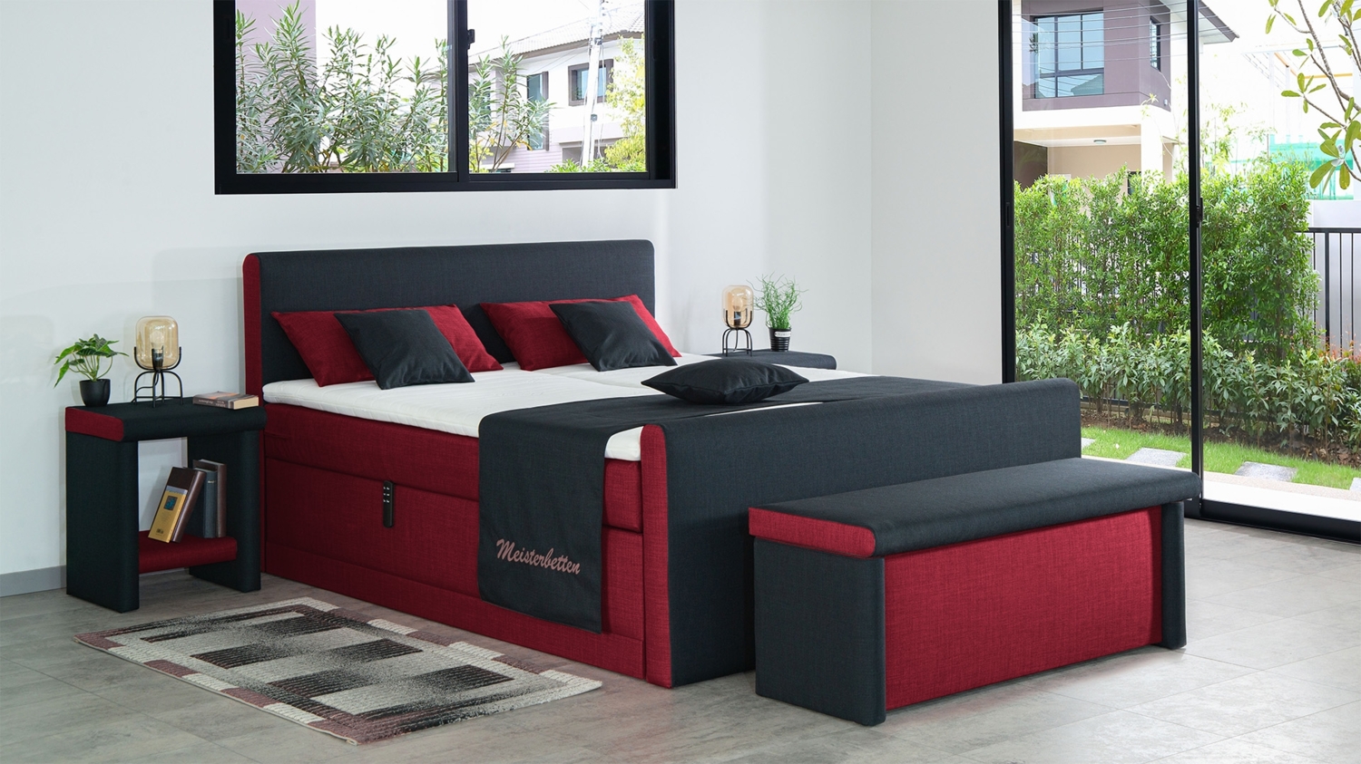 Meisterbetten Boxspringbett Amos 180x200 in W-Red in W-Black, Matratzenbezug Nano, Ergoflex-Topper, mit Fussteil Bild 1