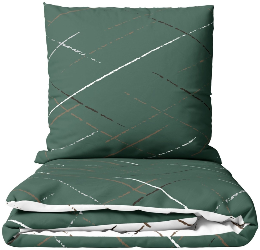 Leonado Vicenti Bettwäsche Hochwertige Polycotton, Baumwolle, 4 teilig, schlichtes Streifen Design mit Wendeseite, Beige, Grün und Grau Bild 1