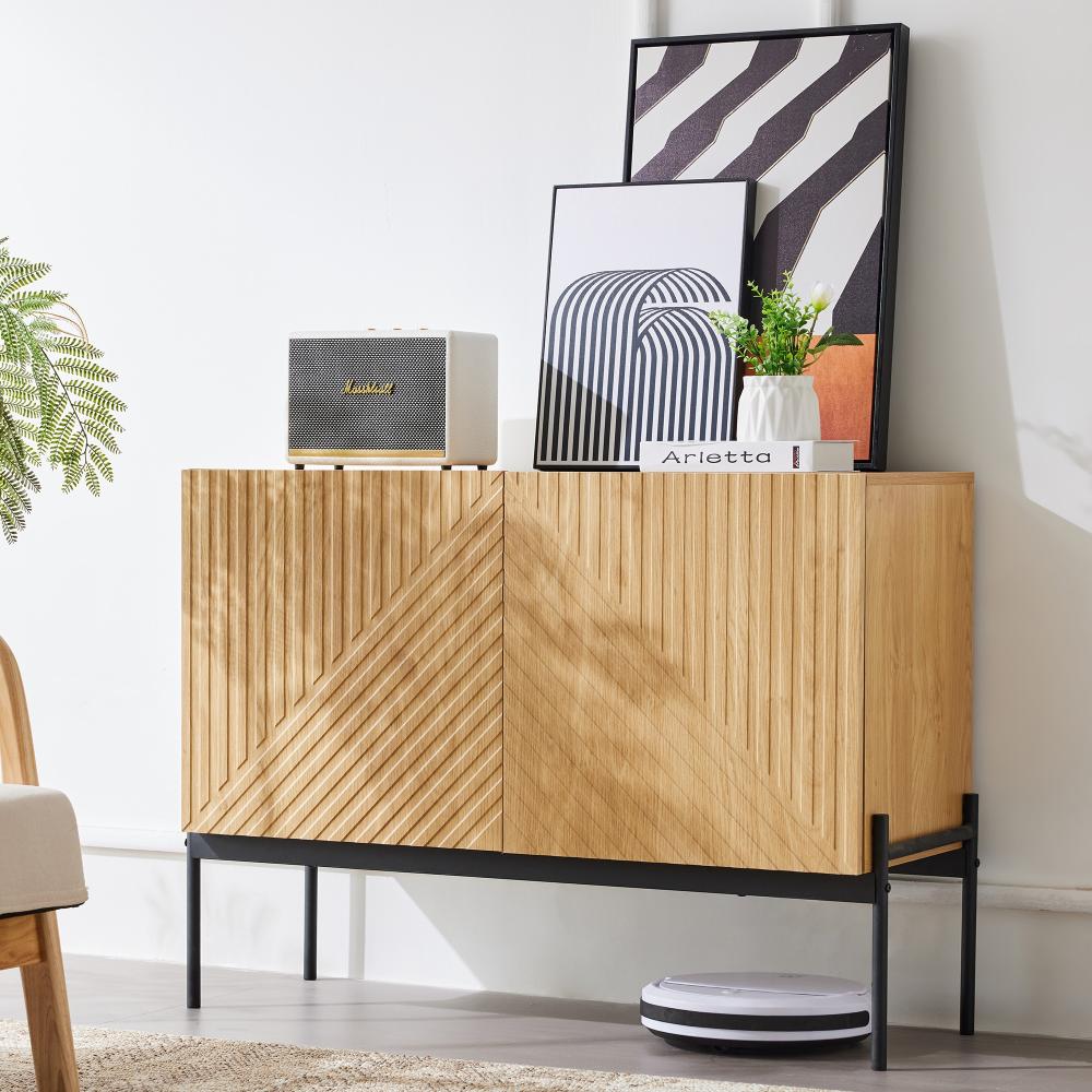 Merax Sideboard mit 2 Türen und Metallbeinen, Buffet, Kommode mit Linien-Design, Natur, H 75 cm / B 100 cm / T 40 cm Bild 1