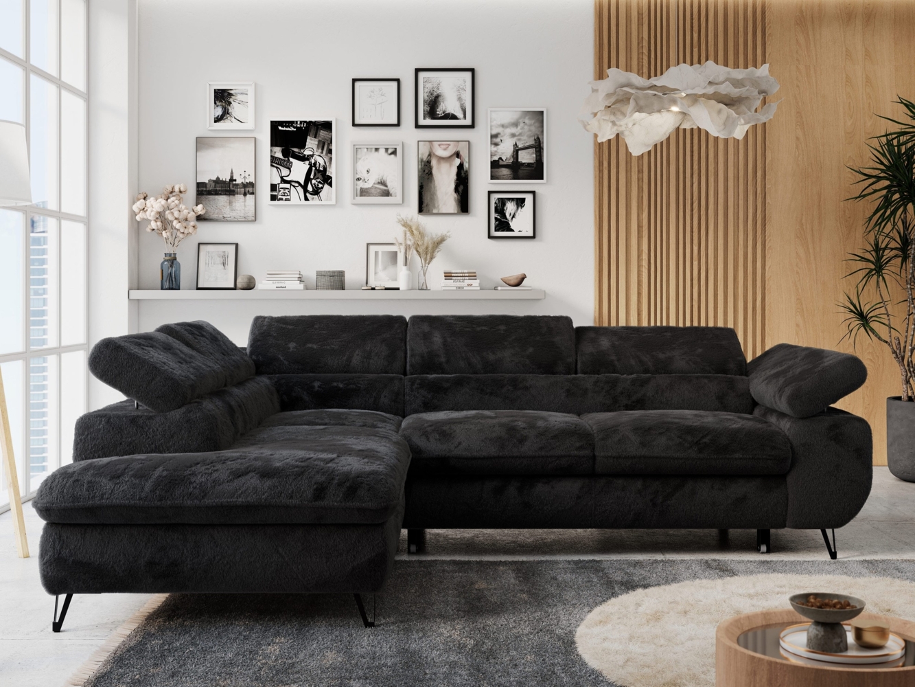 Ecksofa mit Bettfunktion, Modern Sofa, L-form, Einstellbare Kopfstützen, Bettkasten - PETER - Schwarz Plüsch - Topper T25 - links Bild 1