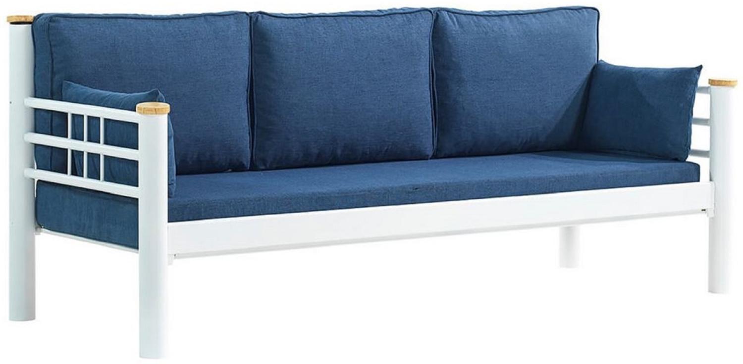 Casa Padrino Jugendstil Gartensofa Blau / Weiß / Naturfarben 200 x 70 x H. 85 cm - Metall Garten Sofa mit Kissen - Terrassen Sofa - Garten Möbel - Terrassen Möbel - Jugendstil Möbel Bild 1