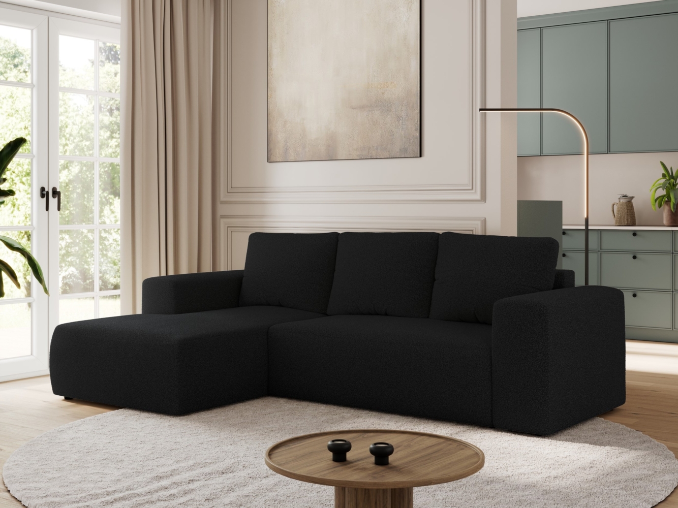 Ecksofa mit Schlaffunktion, Bettkasten und losen Kissen für das Wohnzimmer - TRENTINO - Schwarz Boucle - links Bild 1