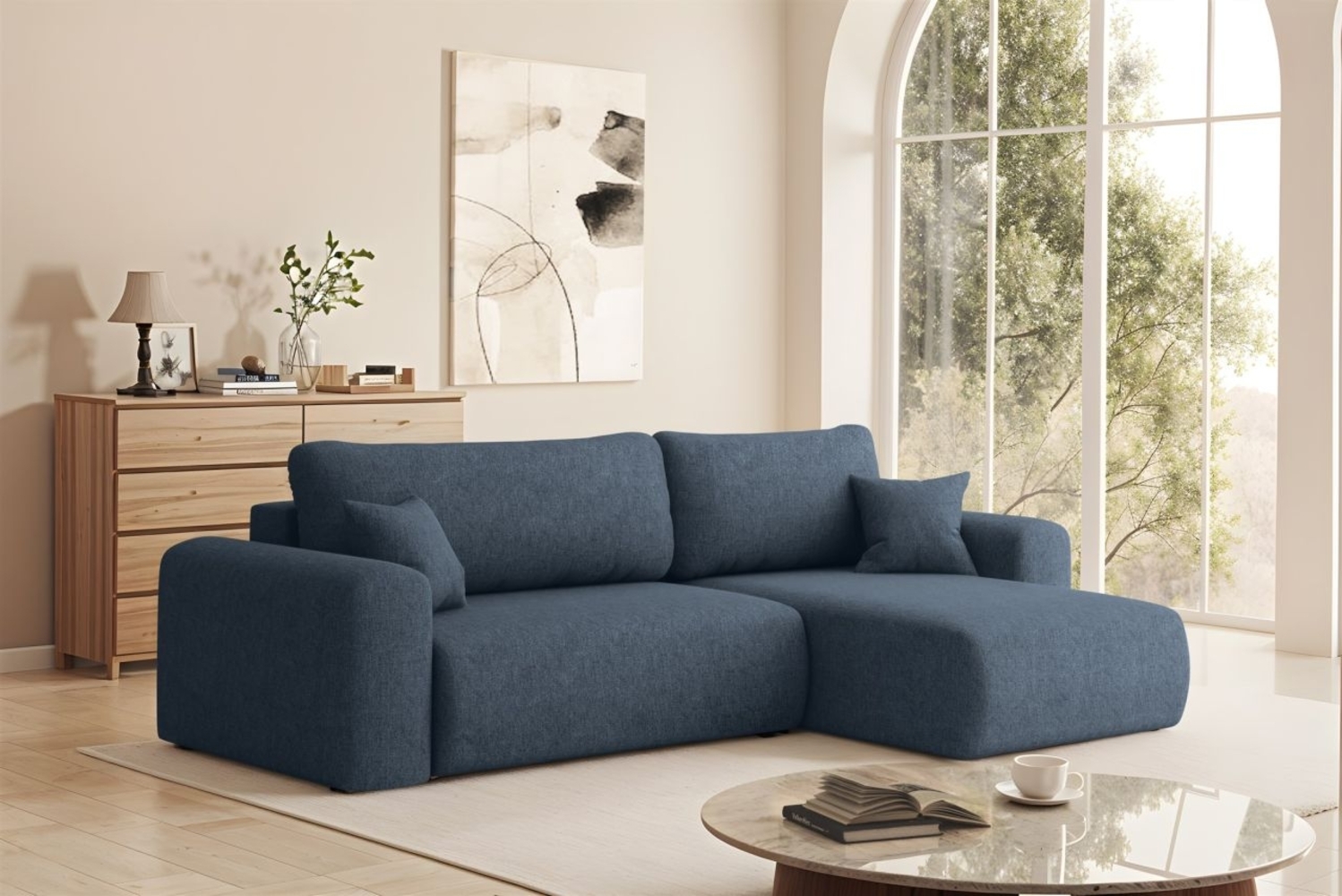 Ecksofa Schlafsofa FLORA Stoff Verita Dunkelblau Ottomane Rechts Bild 1