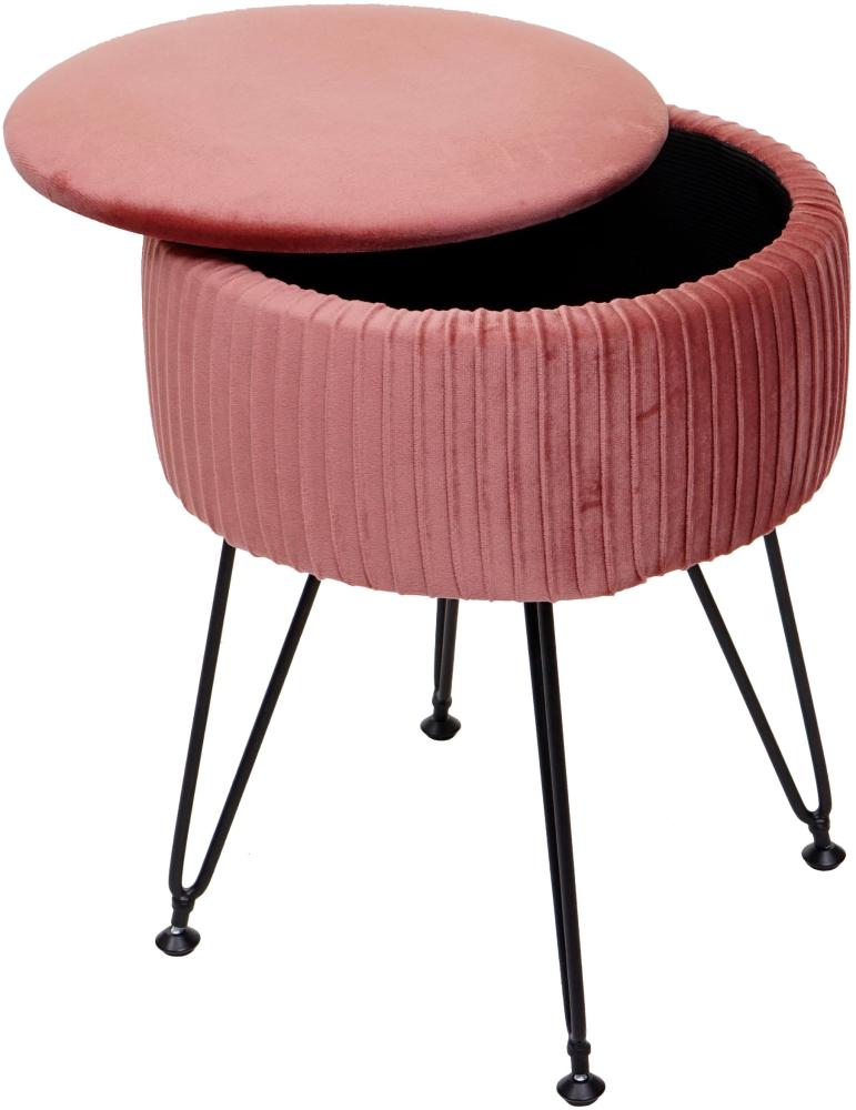 Sitzhocker HWC-K47, Hocker mit Staufach, Ø 33cm, Samt-Optik ~ rosa, Gestell schwarz Bild 1