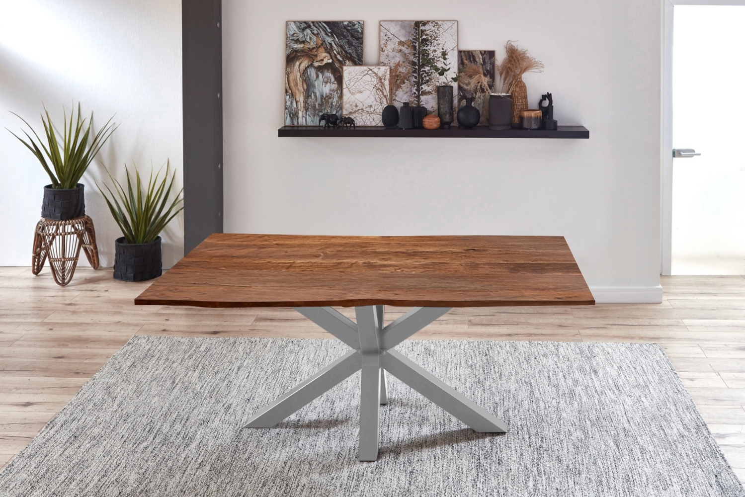Esstisch Baumkante massiv Akazie nussbaum 140 cm Spider-Gestell silber QUINCY 70708529 Bild 1