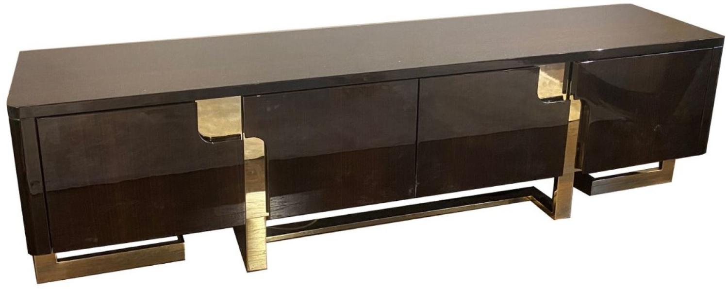 Casa Padrino Luxus Art Deco TV Schrank Dunkelbraun / Gold 220 x 50 x H. 60 cm - Edler Fernsehschrank mit 4 Türen - Art Deco Wohnzimmer Möbel Bild 1