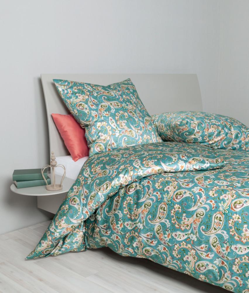 Janine Moments Mako-Satin Bettwäsche 155x220 Paisley rauchblau rost 98088-02 Bild 1