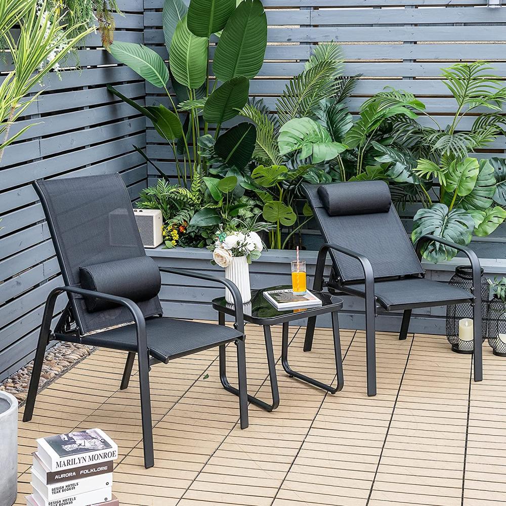 COSTWAY 3tlg. Bistroset Balkonset, Couchtisch aus Hartglas & 2 stapelbare Stühle mit Verstellbarer Rückenlehne und Kopfstütze, Gartenset Sitzgarnitur, Gartengarnitur Gartenmöbel Sitzgruppe Bild 1