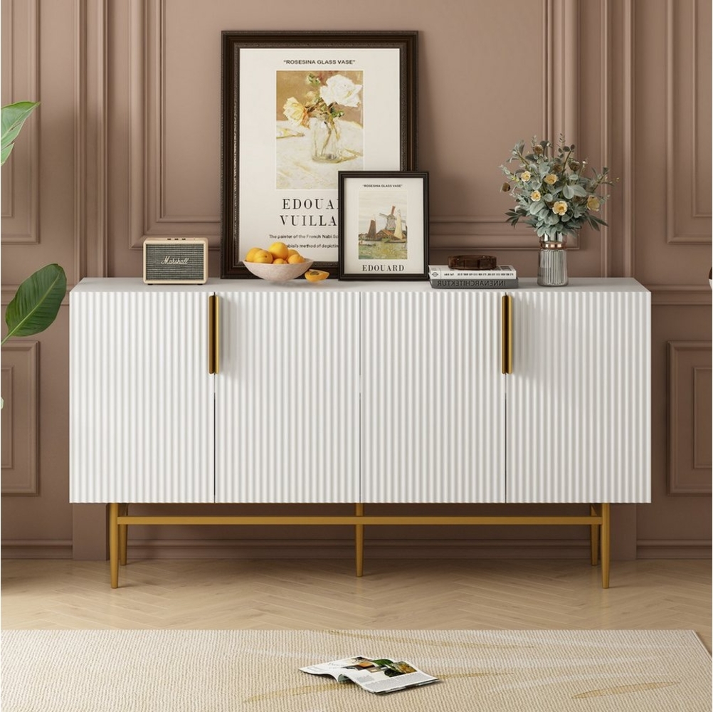 Flieks Sideboard (1 St, Metallgriff und Metallbeine), Anricht mit 4 Türen Buffetschrank 152,5*40,5*80cm, Weiß Bild 1