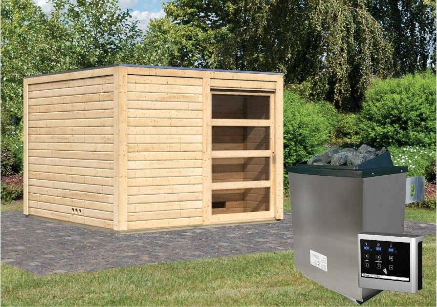 Karibu Saunahaus Cuben Gartensauna 3 Sitzbänke aus Holz Sauna mit 38 mm Wandstärke Außensauna mit Montagematerial Bild 1