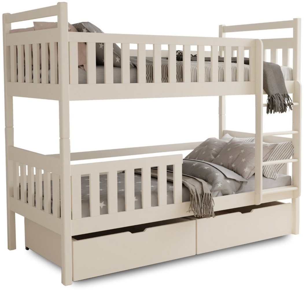 Deine Möbel 24 Etagenbett Hochbett Kinderbett MICO für 2 Kinder 80x180 90x200 Weiß Beige (Matratzen optional, 2-St, Bett, mit Lattenrost, Rausfallschutz, 2 Schubladen und Leiter), aus Massivholz Vollholz, in 2 Kinderbetten umbaubar Bild 1