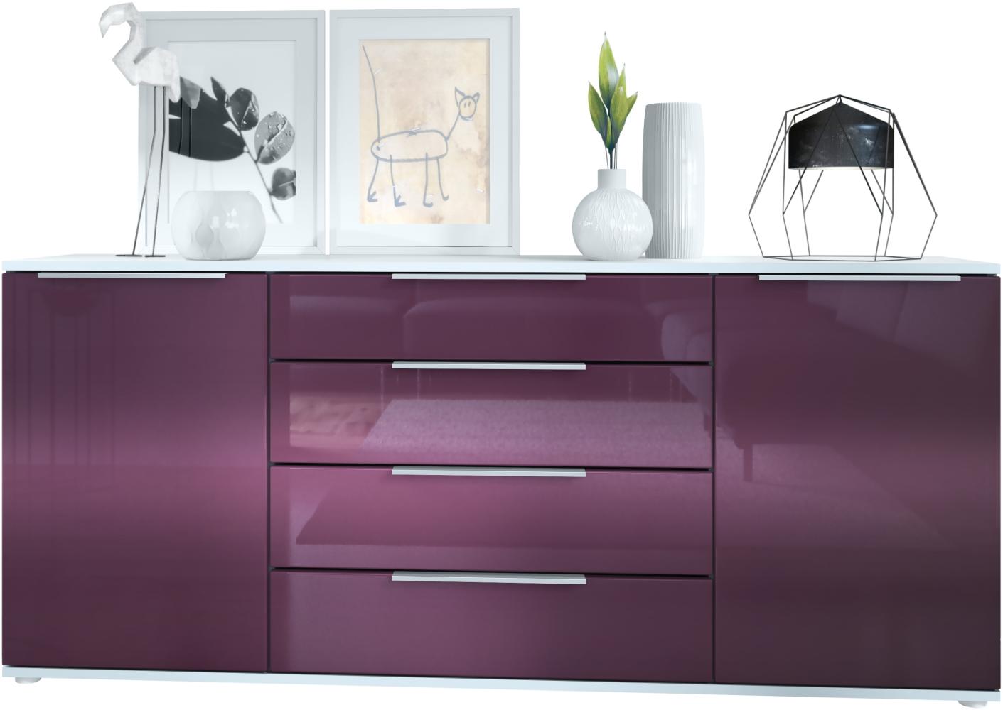 Vladon Sideboard Linio V2 166,5 x 72,5 x 35 cm Anrichte mit 2 Türen und 4 Schubladen, Korpus in Weiß matt, Fronten in Brombeer Hochglanz Bild 1