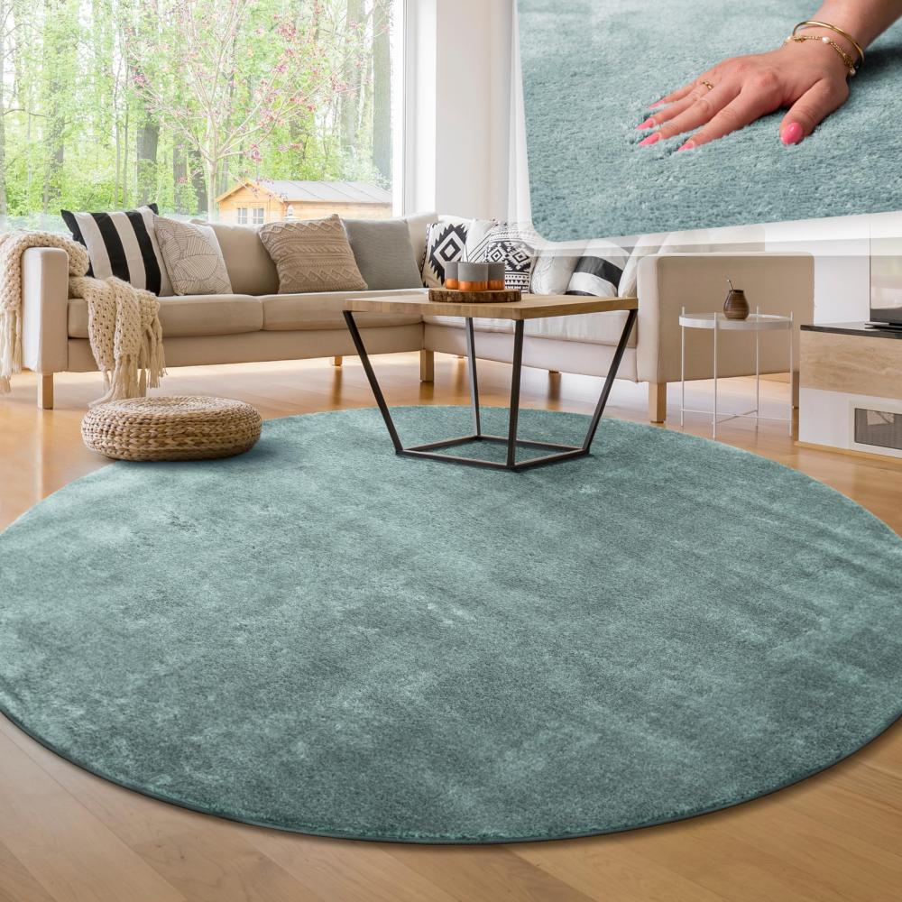 Paco Home Waschbarer Teppich Wohnzimmer Schlafzimmer Kurzflor rutschfest Flauschig Weich Moderne Einfarbige Muster, Grösse:200 cm Rund, Farbe:Türkis Bild 1