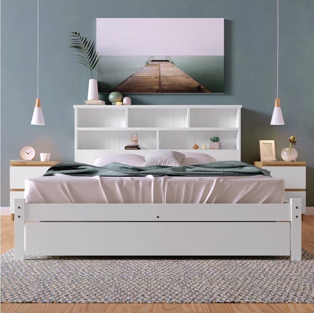 Merax Holzbett mit offenen Schränke, Doppelbett 140x200 cm mit Schublade, Massivholzbett Kiefer, Kinderbett Bild 1