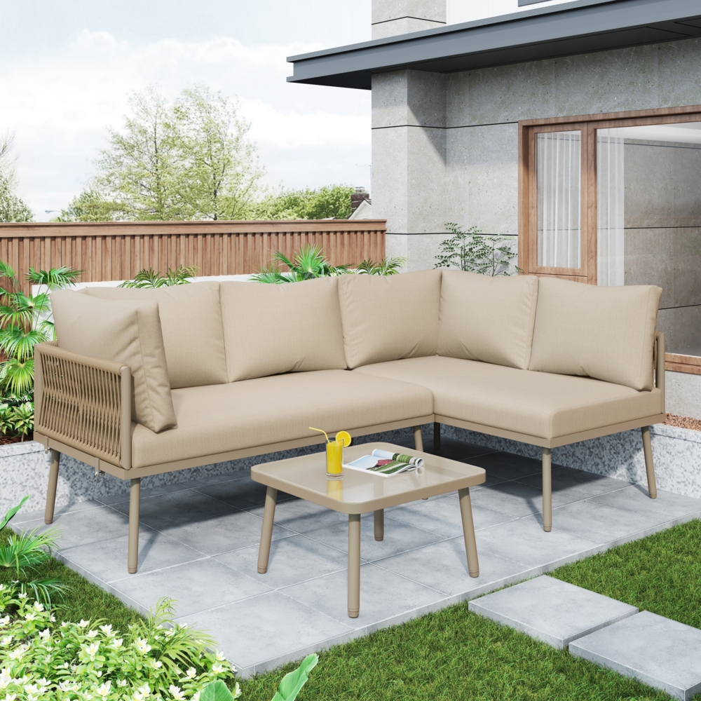 Merax Garten-Lounge-Set aus Eisen, Gartenmöbel-Set, L-förmiges Gartenmöbel-Set, Lounge-Set aus mit Sitzkissen, verstellbaren Füßen, 2 Sofas und 1 Tisch, khaki Bild 1