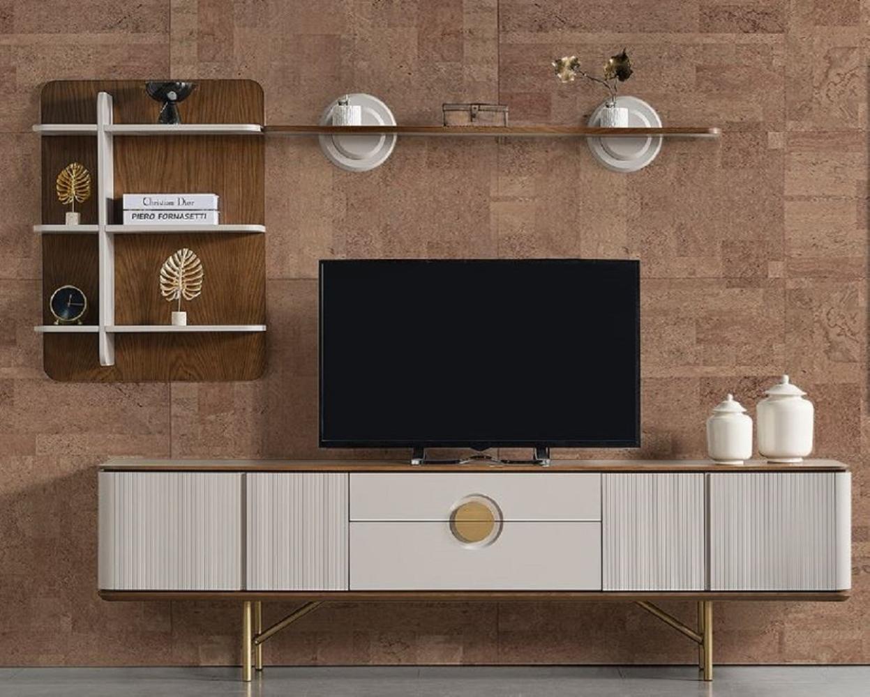 Casa Padrino Luxus Wohnzimmer TV Schrank Set Hellgrau / Braun / Messing - 1 TV Schrank & 1 Wandregal - Wohnzimmer Möbel - Massivholz Möbel - Luxus Möbel - Luxus Einrichtung Bild 1