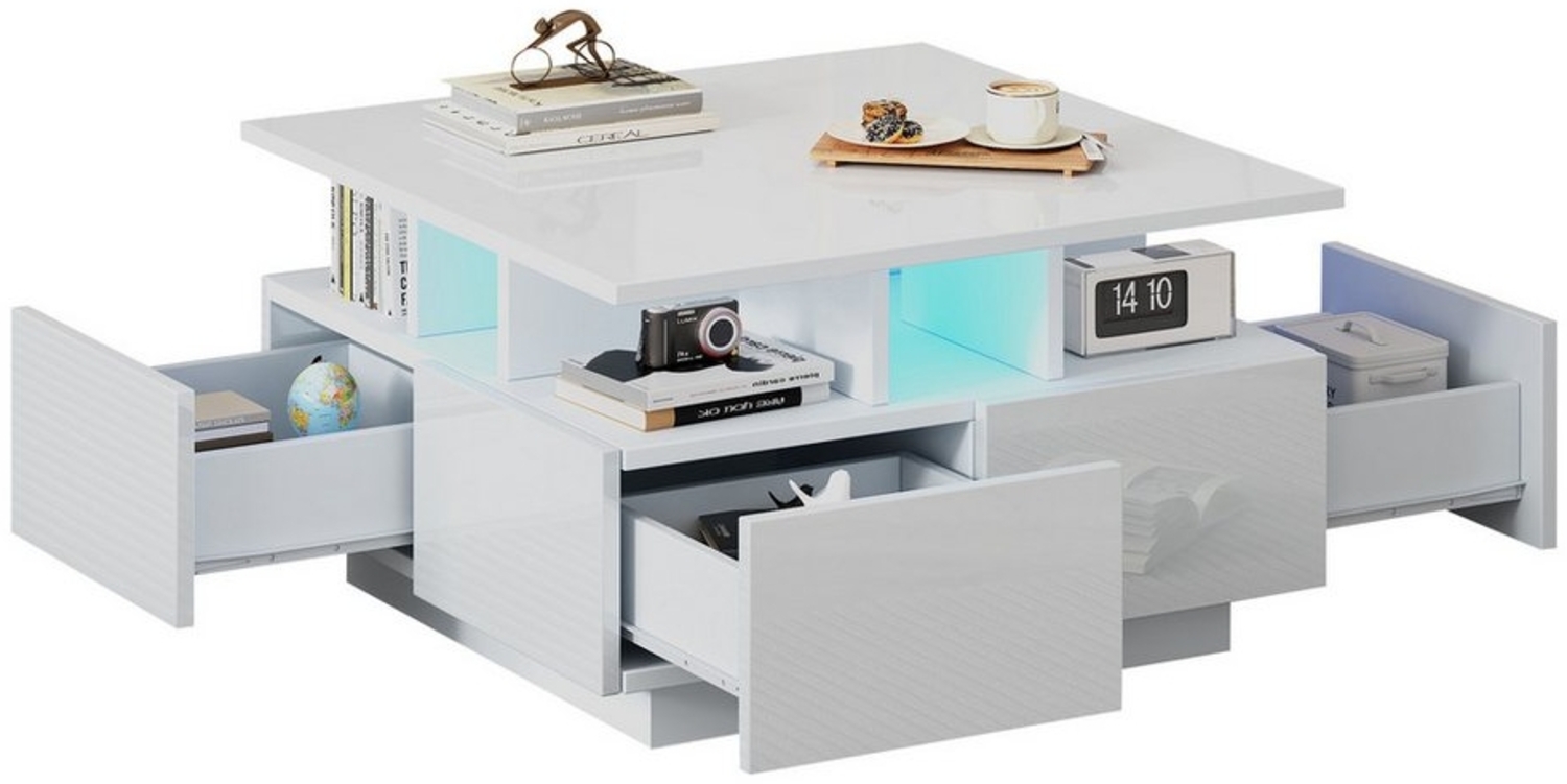 OKWISH Couchtisch Hochglanz Kaffeetisch (Satztisch, Wohnzimmertisch, Beistelltisch, 1-St, mit 4 schubladen), mit LED licht, geometrische Design Bild 1