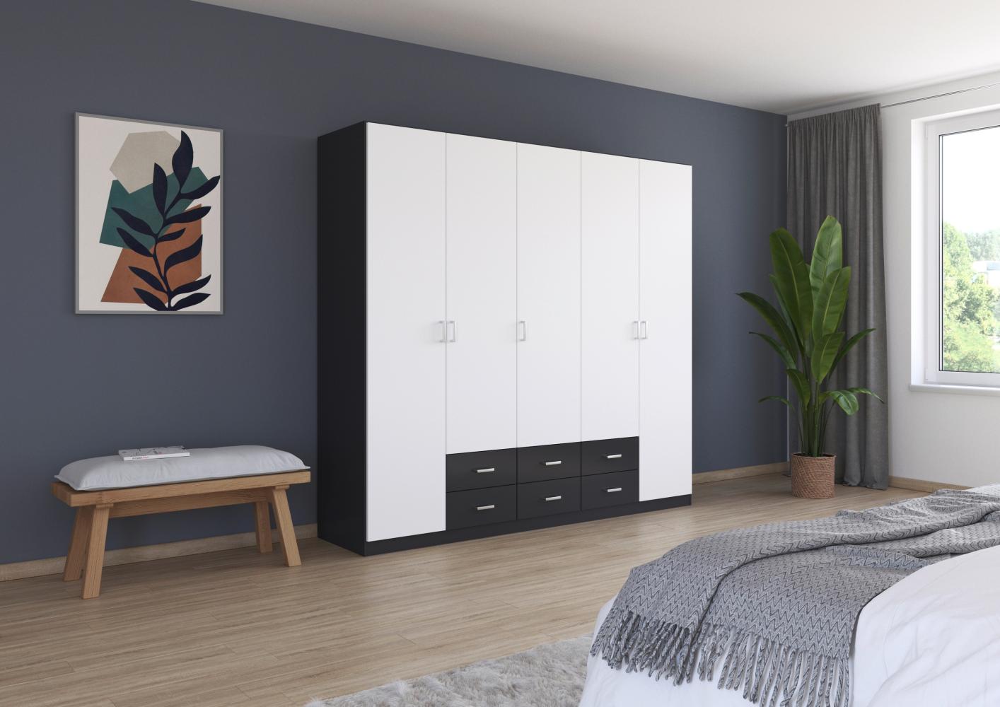 rauch Kleiderschrank, Drehtürenschrank GAMMA, 5-türig, 6 Schubkästen, Alpinweiß/Grau metallic, 226 x 210 x 54 cm Bild 1