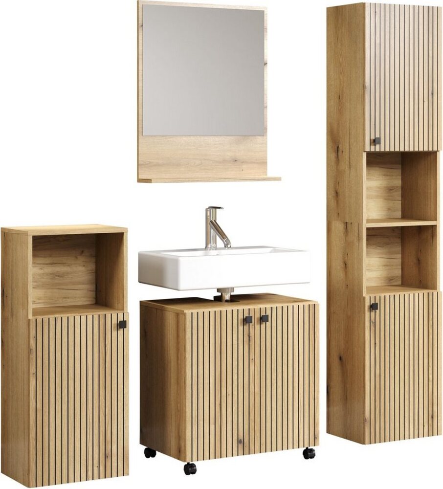 welltime Badezimmer-Set Amrum Waschbeckenunterschrank Spiegel Hochschrank Badschrank, (Komplett-Set, 4-St), 4-teiliges Badezimmerset Eiche Rillenoptik Badmöbel Badset Bild 1