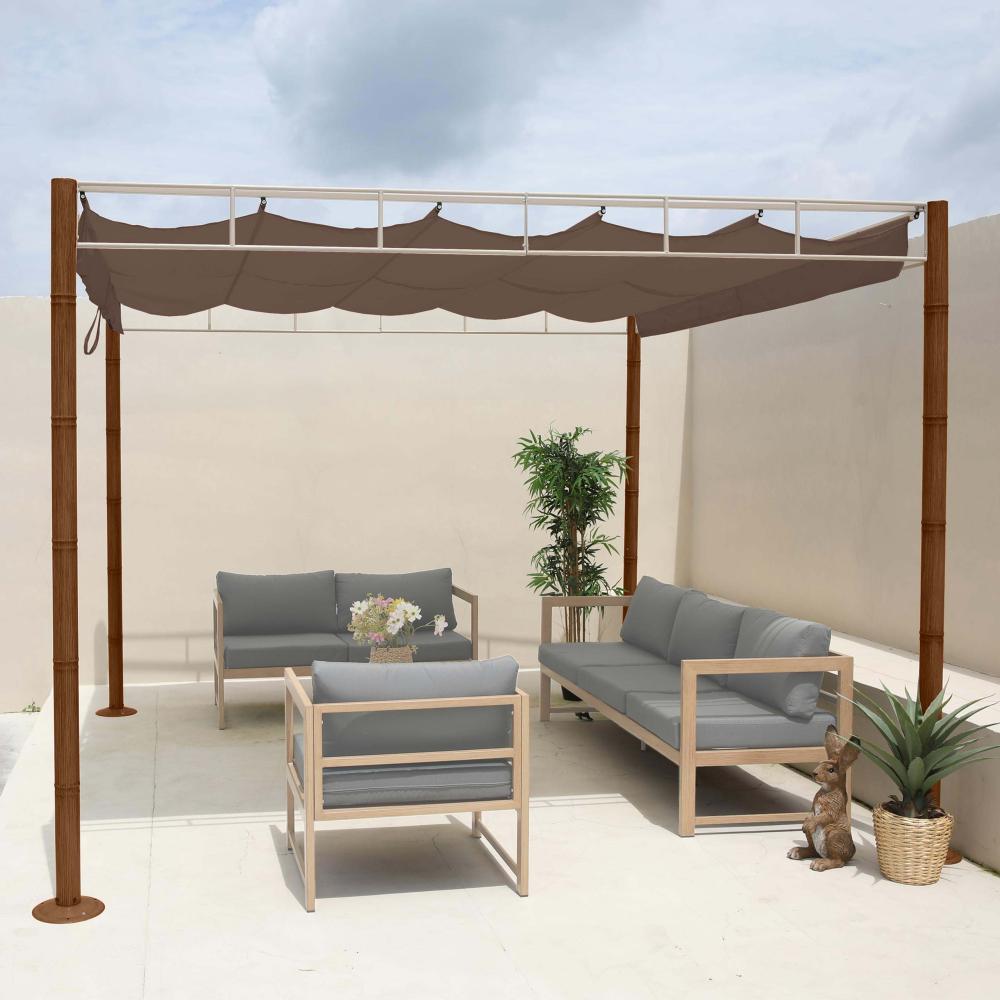 Pergola HWC-L42, Garten Pavillon Terrassenüberdachung, stabiles 7cm-Metall-Gestell 3x3m Bambus-Optik ~ taupe-braun Bild 1