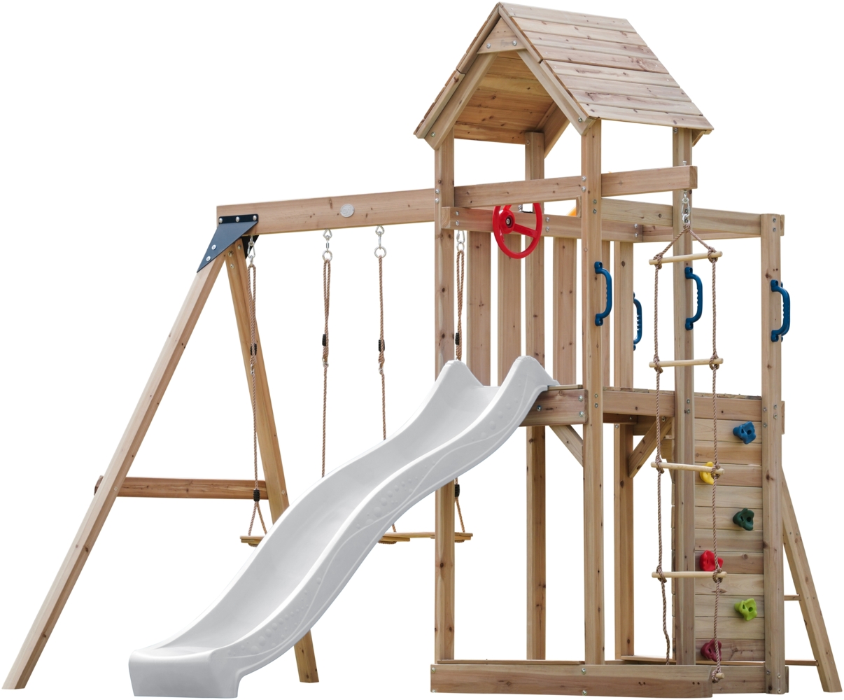 AXI Moos Spielturm aus Holz mit 2 Schaukeln & Strickleiter XXL Spielhaus / Spielplatz für Kinder mit Kletterwand, Sandkasten & Rutsche in Weiß | Braun, Weiß | Holz | 375 cm Bild 1