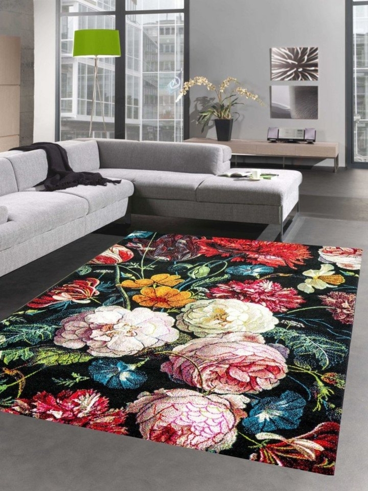 Carpetia Teppich Teppich Wohnzimmer Designerteppich Blumen Blumenstrauß schwarz rot, rechteckig, Höhe: 13 mm Bild 1