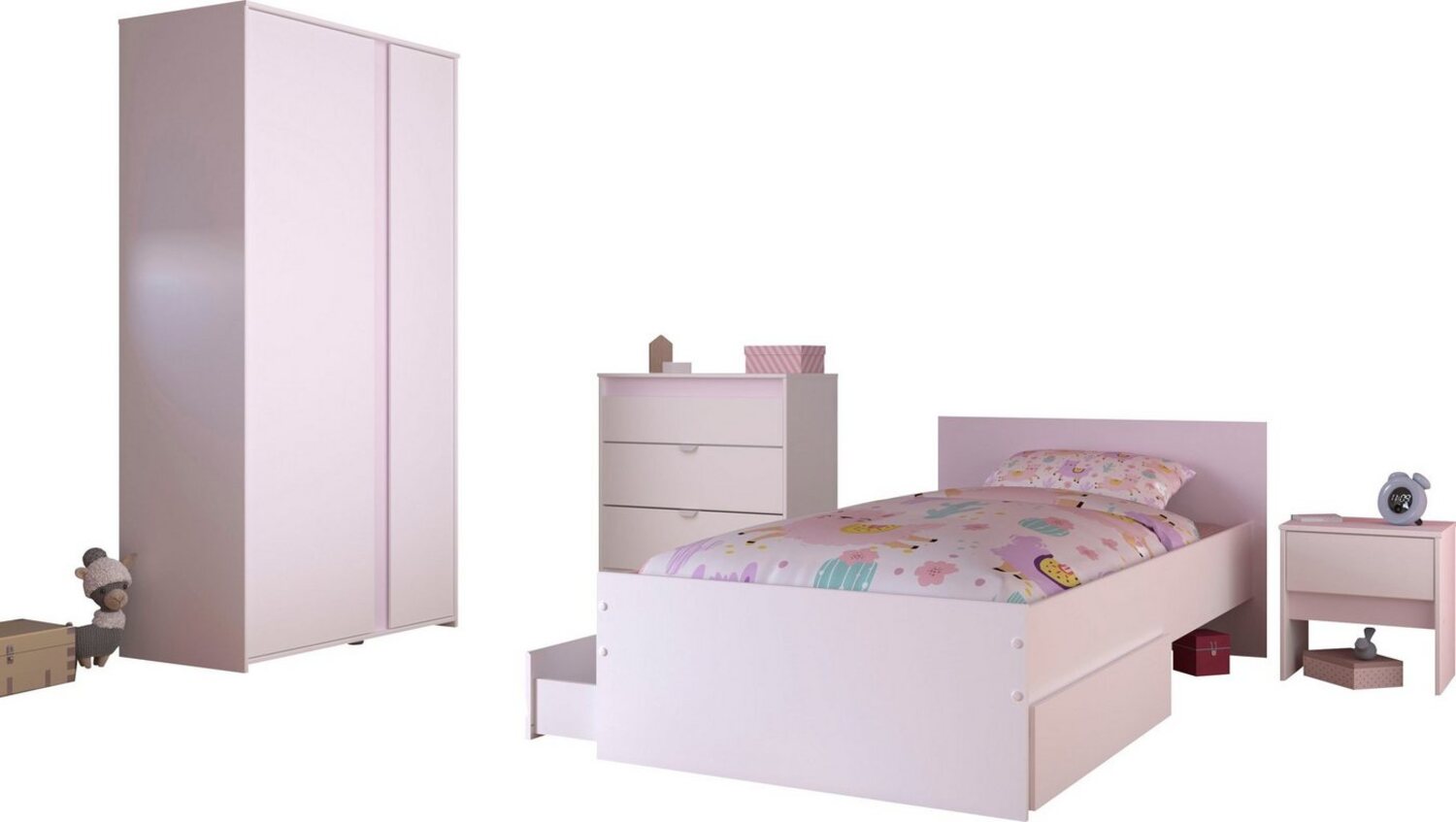 Parisot Jugendzimmer Kinderzimmer Pirouette22 in weiß mit grau oder rosa Set 4-teilig mit Bett, Kommode, Kleiderschrank und Nachttisch Bild 1