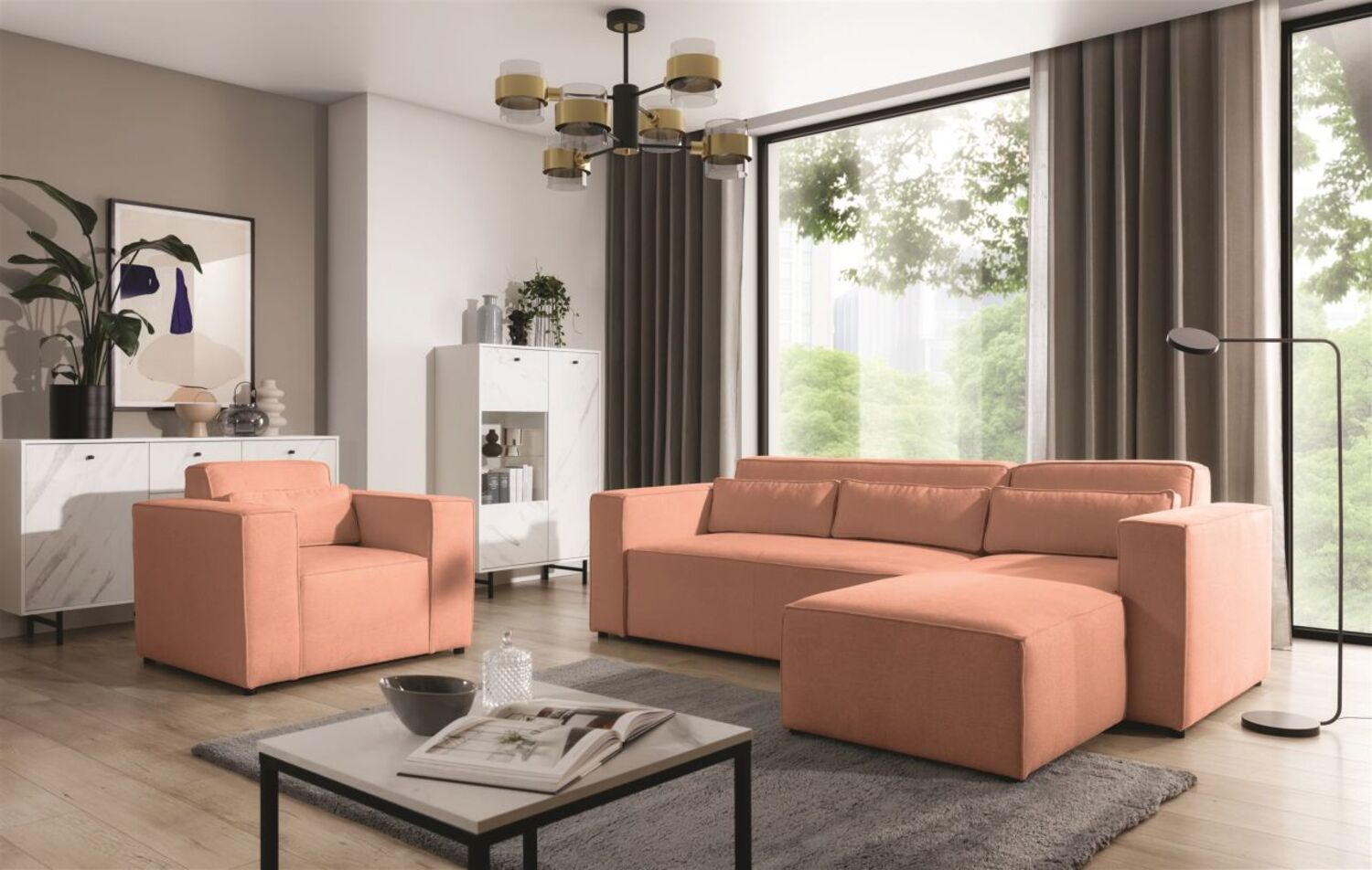 Ecksofa Schlafsofa inkl. Sessel WALDO Stoff Brooklyn Coral Ottomane Rechts Bild 1
