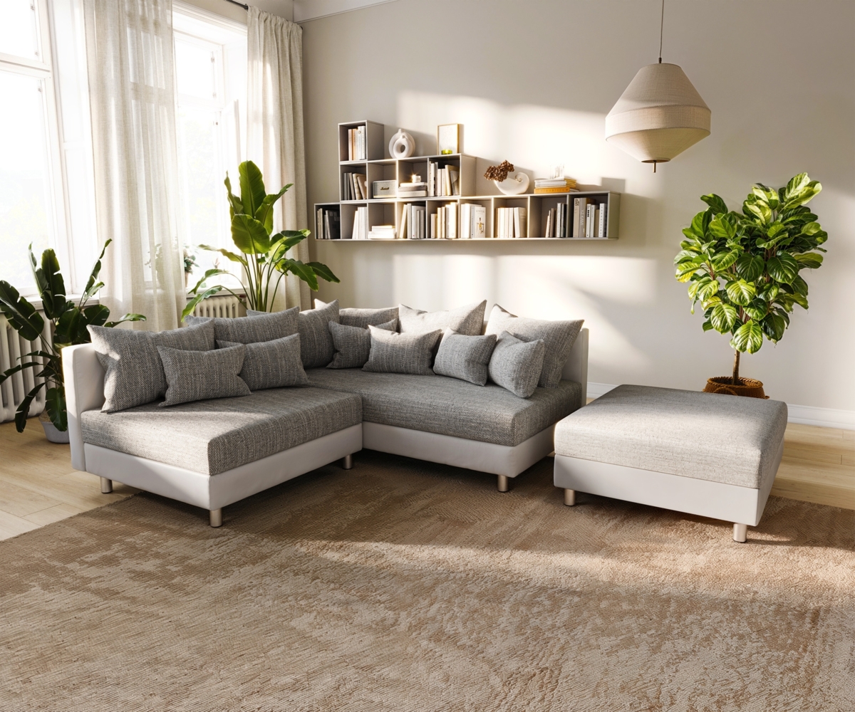 Ecksofa Clovis Weiss Hellgrau Hocker Ottomane Rechts modular Bild 1