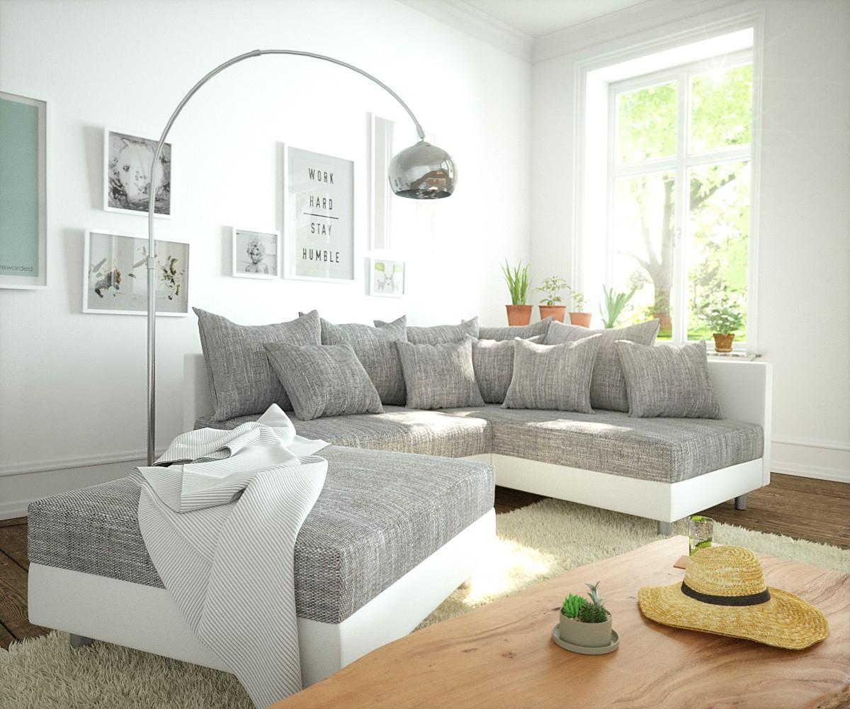 Ecksofa Clovis Weiss Hellgrau Hocker Ottomane Rechts modular Bild 1