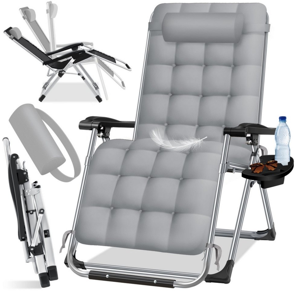 KESSER® Sonnenliege Liegestuhl Klappbar Mit Getränkehalter Gartenstuhl Mit Auflage Polster, Liegestuhl, Extra groß Gartenliege, Verstellbar Rückenlehne Garten Liege mit Kissen-Unterstützung Grau Bild 1