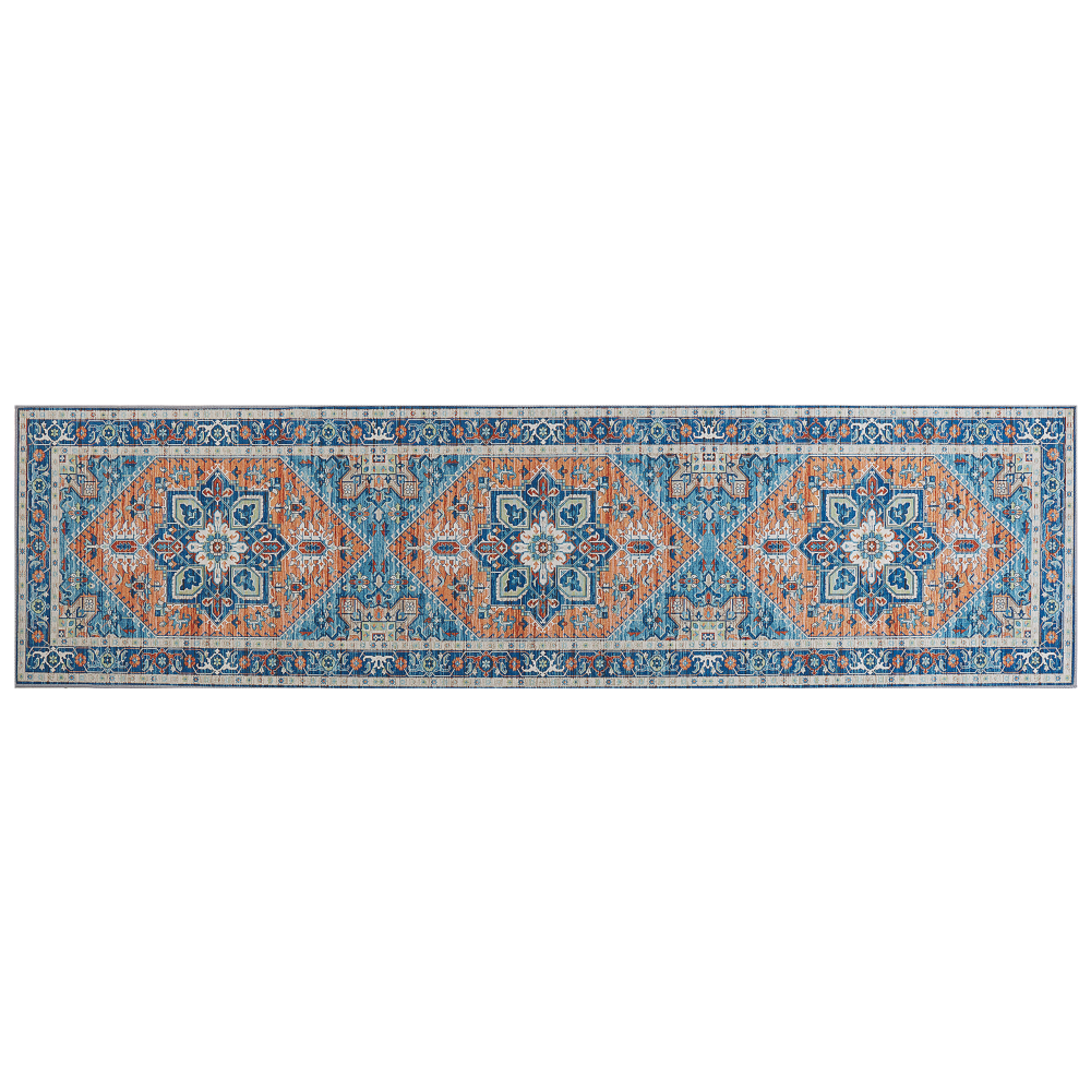 Teppich blau orange orientalisches Muster 80 x 300 cm Kurzflor RITAPURAM Bild 1