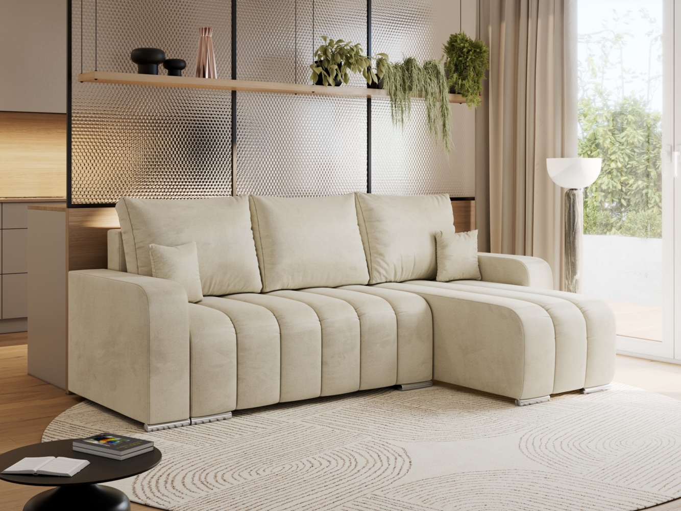 Universelles Ecksofa in Streifen genäht mit Schlaffunktion und Bettkasten, modern Stil - KIRASSO - Beige Velvet Bild 1