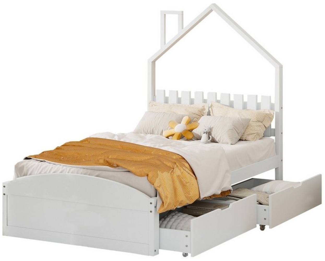 Flieks Kinderbett, Holzbett Einzelbett 90x200cm mit 2 Schubladen & Haus-Form Kopfteil Bild 1