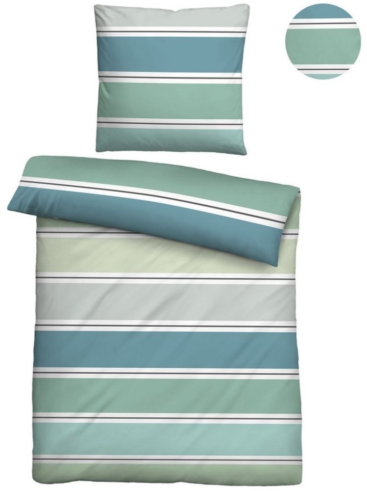 biberna Seersucker Bettwäsche 0025009 QUERBALKEN, blau-grün, 1x 155x220 cm + 1x 80x80 cm Bild 1