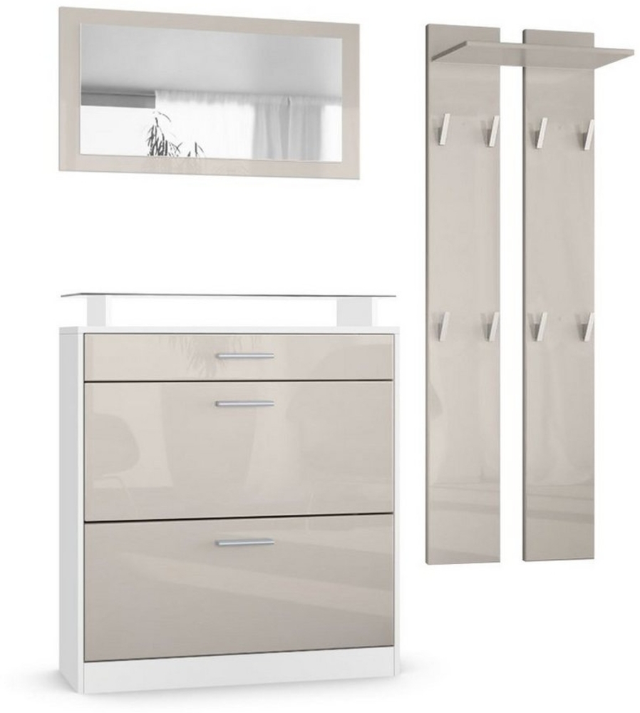 Vladon Garderobe Loret mini, Garderobenset bestehend aus 1 Schuhschrank, 1 Wandspiegel und 2 Garderobenpaneele, Weiß matt/Sandgrau Hochglanz Bild 1