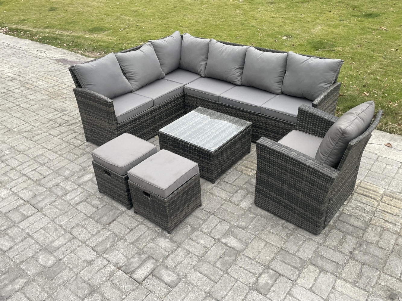 Fimous 9 Sitzer Rattan Gartenmöbel Set Ecksofa Set aus Polyrattan mit Quadratischer Couchtisch 2 kleine Fußhockern Sesseln Dunkelgrau gemischt Bild 1