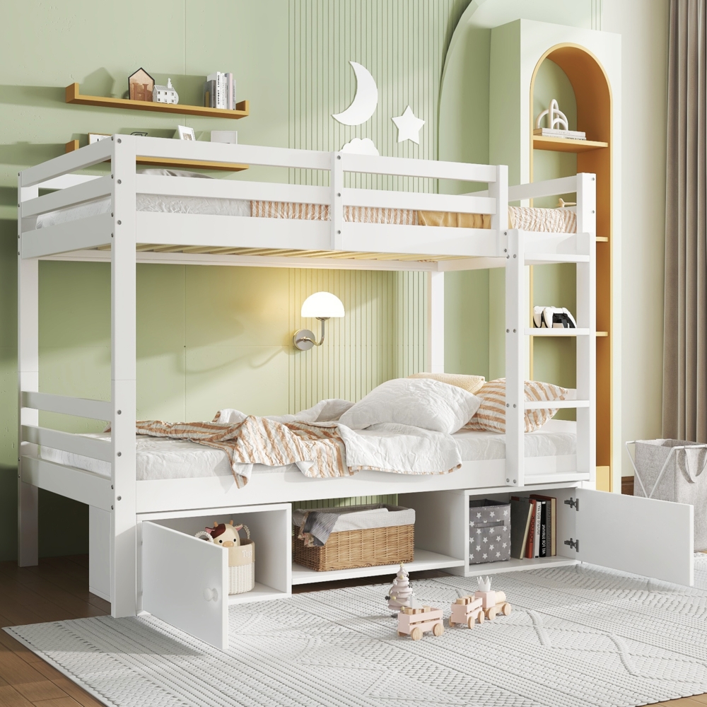 Kinder Etagenbett 2-in-1 mit Schuhregalen & Schließfächern, teilbar zu 2 Einzelbetten, weiß, Kinderzimmermöbel Bild 1