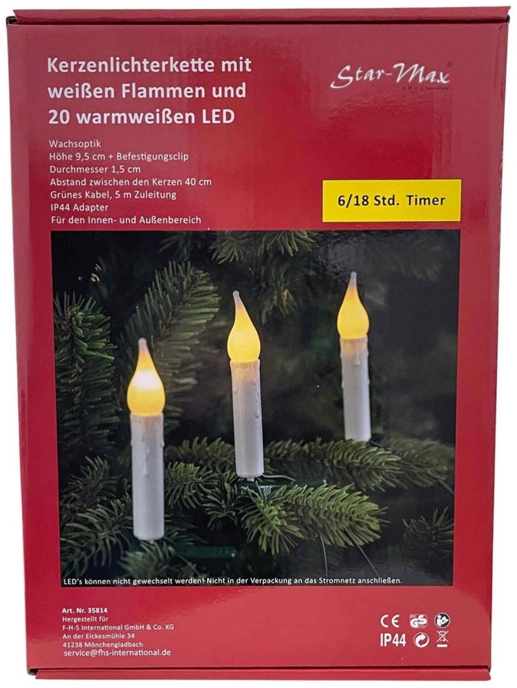 F-H-S International LED-Christbaumkerzen, weiß 20 Kerzen 7,6m grünes Kabel für Außen Bild 1