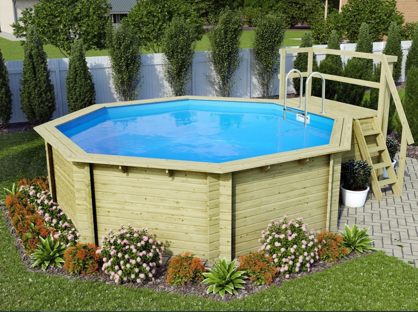 Karibu Pool Modell 2B Classic 470x550 cm, Holz kdi mit blauer Poolfolie Bild 1