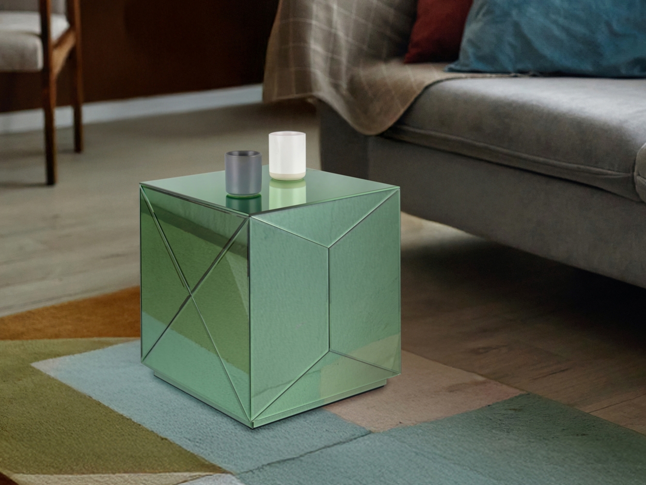 Kleiner Würfel Beistelltisch NIVA mit Spiegelglas Grün, Höhe 40cm Bild 1