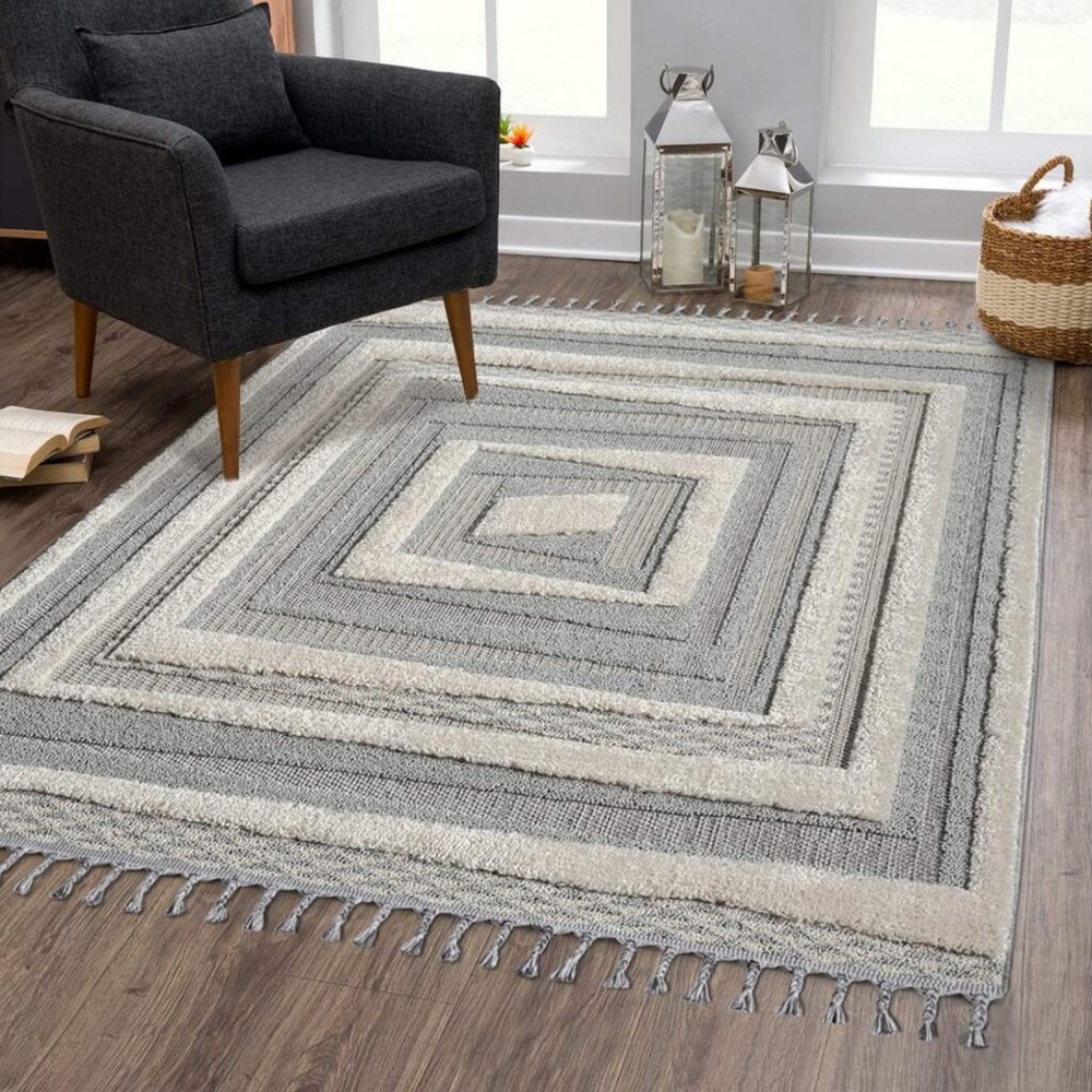 carpet city Teppich Boho Wohnzimmer - Graublau, Creme - 120x170 cm - Bordüre - Relief-Optik, 3D-Effekt - Cut-&Loop, Sisal - Moderne Fransen-Teppiche Schlafzimmer Bild 1