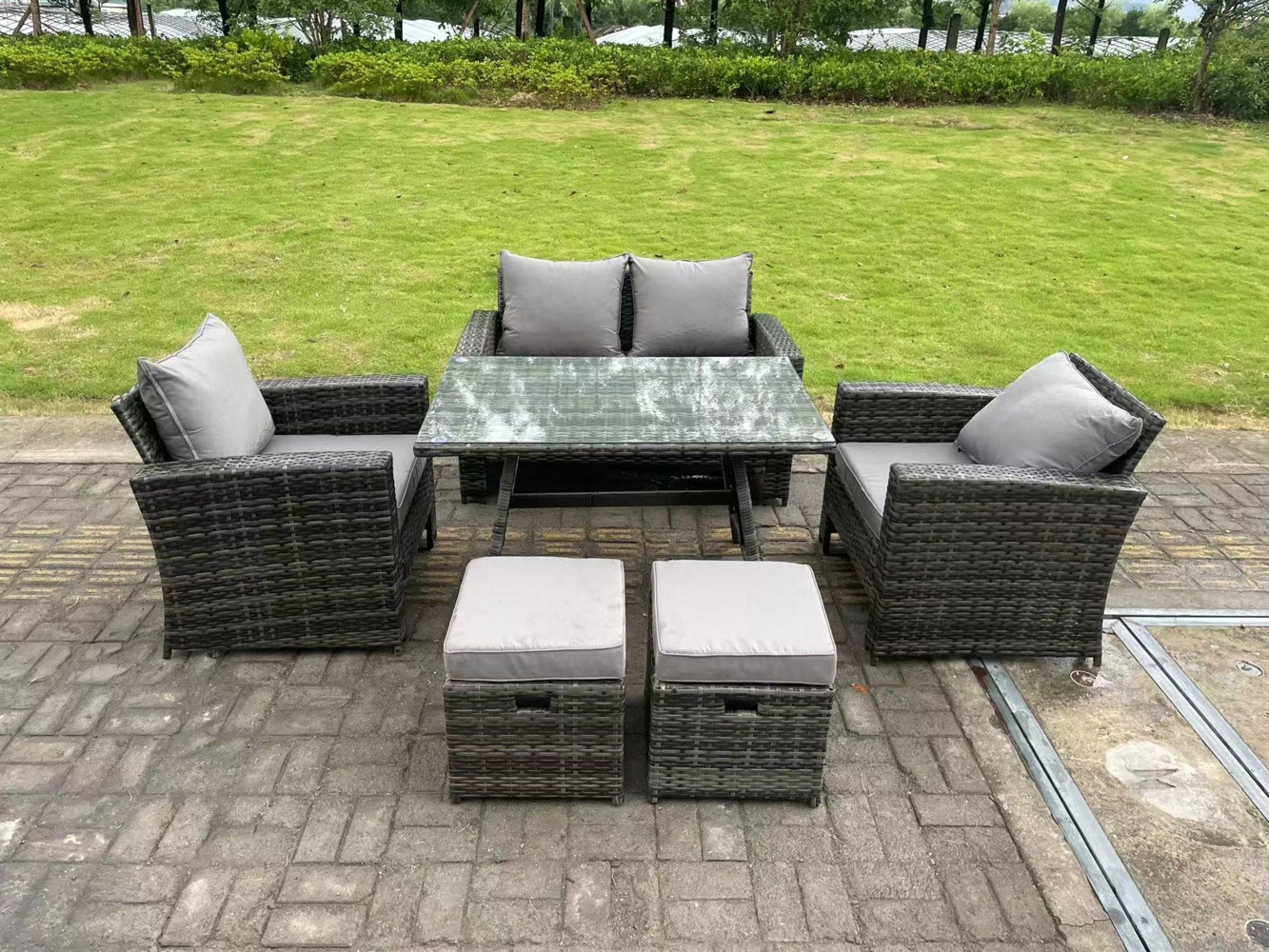 Fimous 6-Sitzer Dunkelgrau Gemischt Hoher Rücken Rattan Sofa Esstisch Set Gartenmöbel Set mit 2 Hockern Bild 1