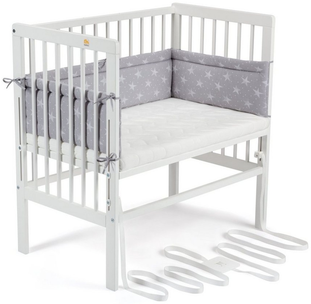 FabiMax 4483 'BOXSPRING' Beistellbett weiß, inkl. Matratze 'CLASSIC' und Nestchen 'Sterne' weiß auf grau Bild 1