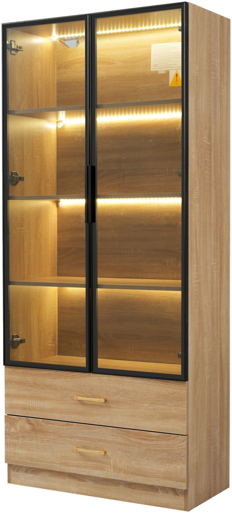 Merax Badezimmerschrank, mittel, mit Lichtleiste, 75 cm breit, mit 2 großen Schubladen und 2 Türen, Glastür, Natur Bild 1