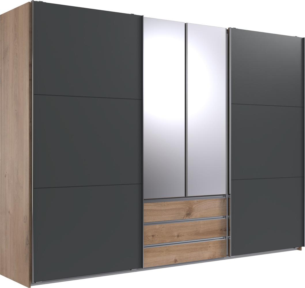 Schwebetürenschrank >MAGIC< in PLANKENEICHE NB + GRAPHIT - 300x216x65cm (BxHxT) Bild 1