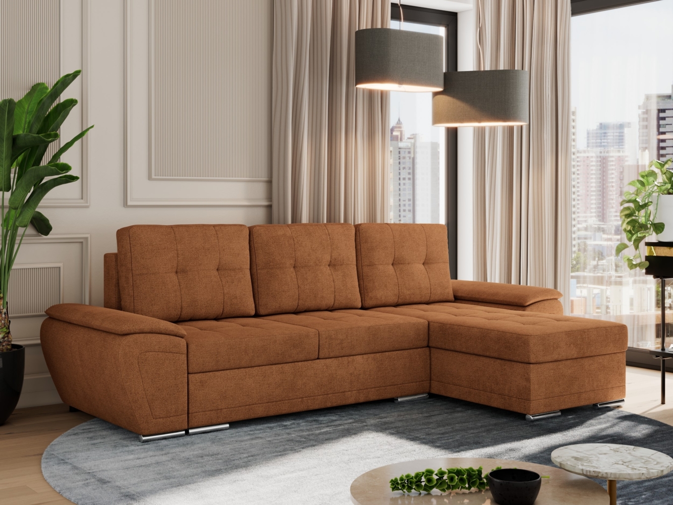 Universelles Ecksofa mit Schlaffunktion, Bettkasten und losen Kissen, gesteppte Sitzfläche - UMBRIA - Orange Stoff Bild 1